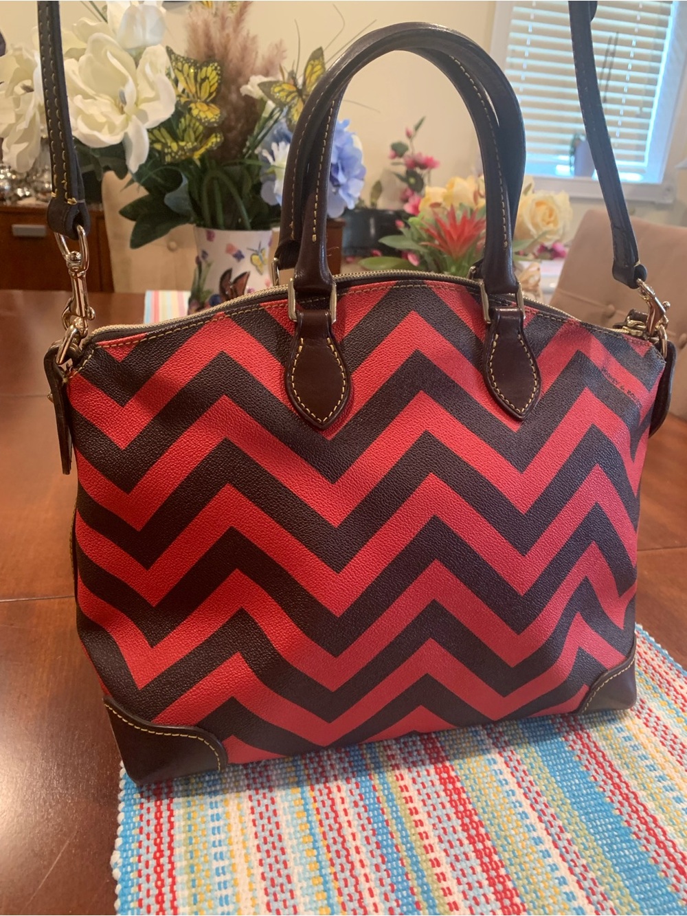 Dooney Red and Black Chevron Satchel - Picture 2 of 15